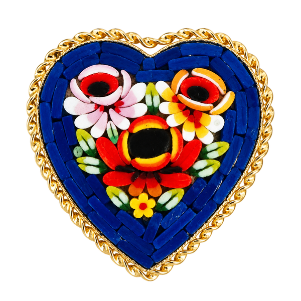 Vintage Italian Micro Mosaic Heart Brooch Floral Gold Tone Pin Made in Italy
