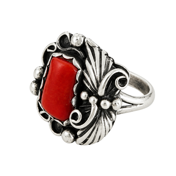 Vintage Navajo Sterling Silver Genuine Coral Ring | BB Hallmark | Size 7.5