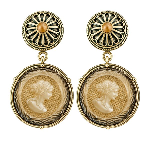 Vintage Silver-Tone Sunburst Intaglio Drop Clip Earrings Carved Glass Statement