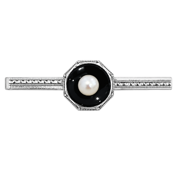 Art Deco Sterling Silver Bar Pin Black Stone Pearl Octagonal Milgrain 5cm