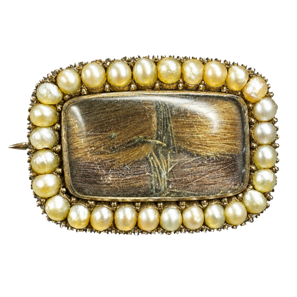 Antique 9K Gold Victorian Engraved Mourning Brooch Hairwork Seed Pearl