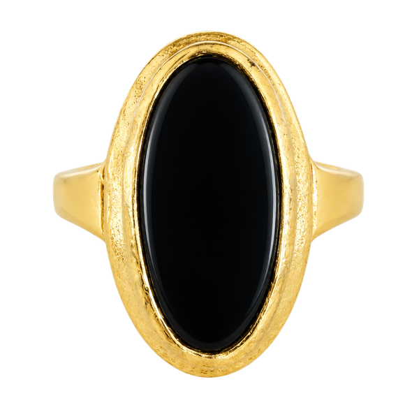 Vintage Gold Tone Black Onyx Cocktail Ring Bezel Set Oval Cabochon Size 5