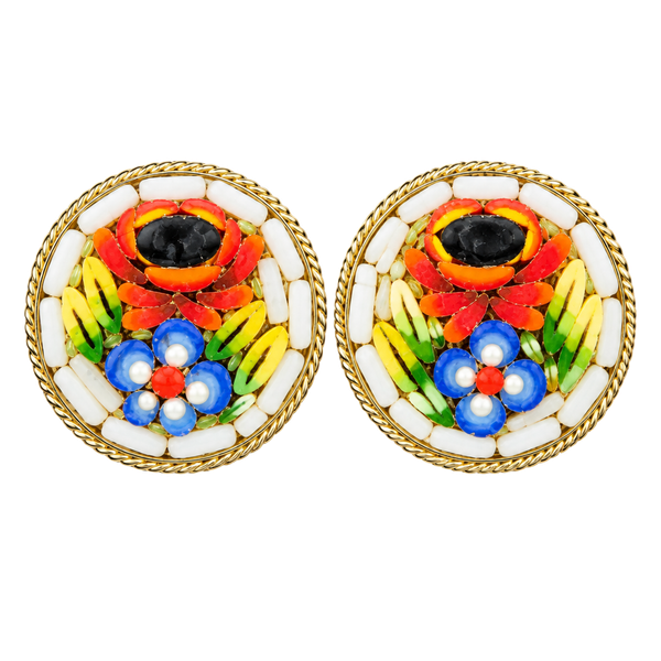 Vintage Italian Micromosaic Floral Clip Earrings Round Poppy Flower Italy Grand 