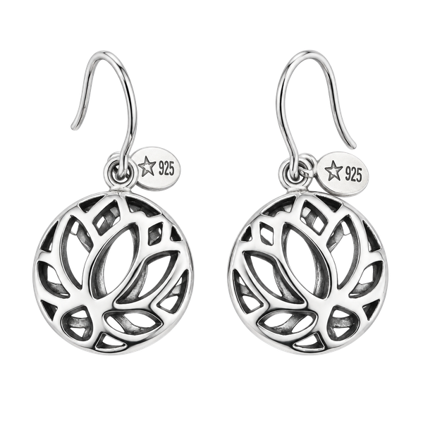 925 Sterling Silver Lotus Flower Cutout Dome Drop Earrings | French Wire