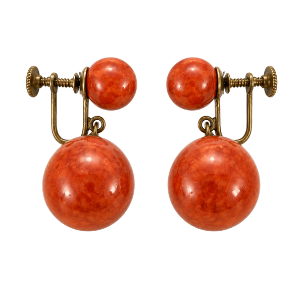 Vintage Red Bakelite Double Ball Dangle Earrings Screw Back Cherry Tested 1940s