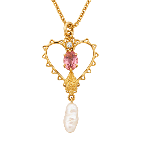 Antique Art Nouveau 12K GF Heart Lavalier Necklace Pink Stone Natural Pearl
