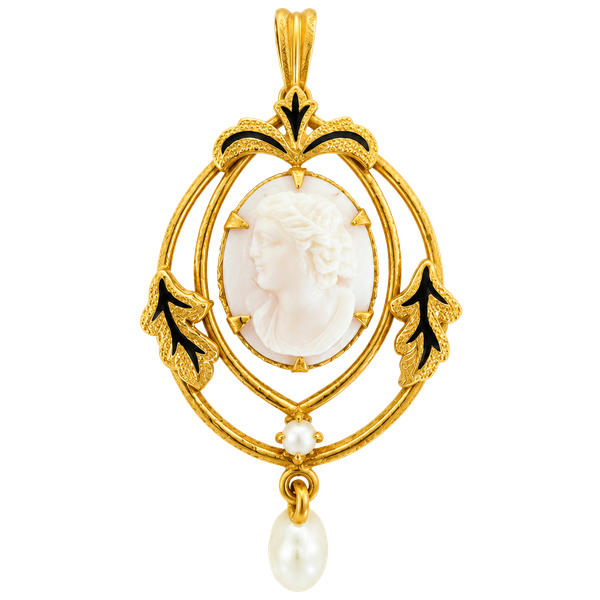 Antique 10K Gold Shell Cameo Pendant Black Enamel Pearl Drop Victorian Style