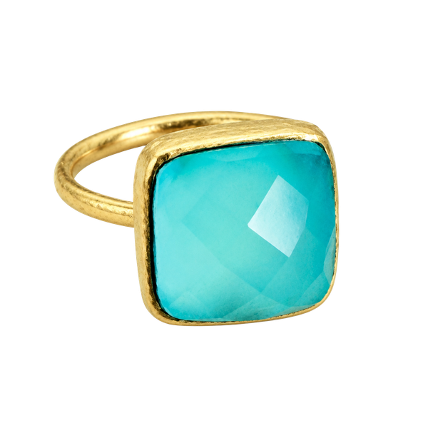 925 Sterling Silver Gold Vermeil Aqua Chalcedony Cushion Cut Statement Ring | Fa