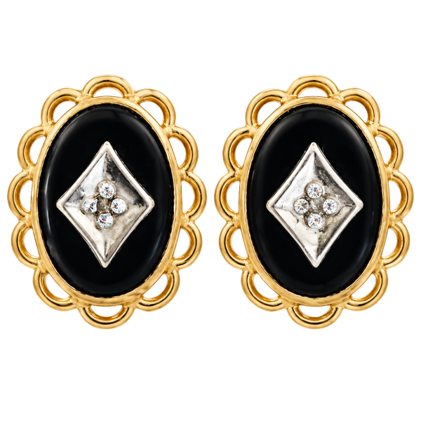 Vintage 14K Yellow Gold Black Onyx & Diamond Stud Earrings Scallop Frame