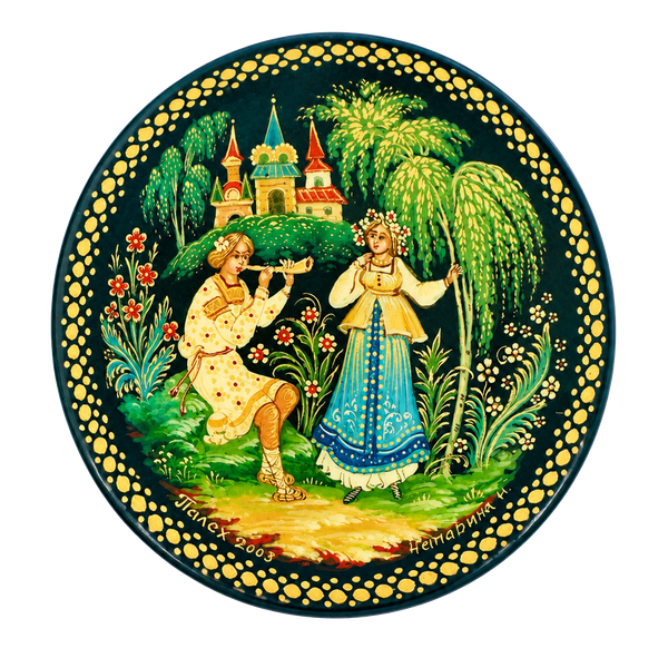 Palekh Russian Lacquer Brooch Signed Dated 2008 Hand Painted Miniature Gold Pin