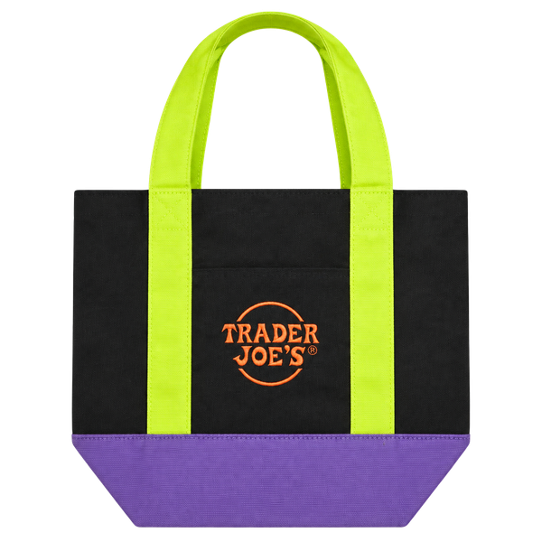 Trader Joe's Trick-or-Treat Canvas Tote Bag Black Neon Green Purple
