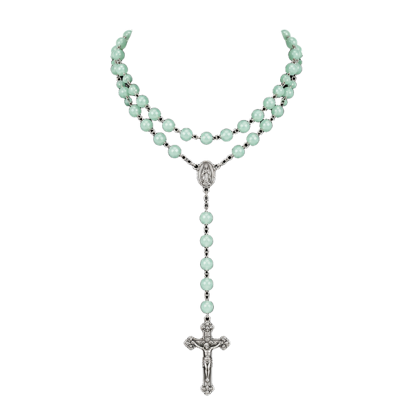 Italy Rosary Necklace Green Beaded Silver-Tone Crucifix