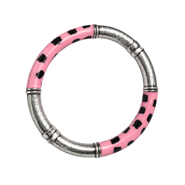 Milor Sterling Silver Pink Black Enamel Animal Print Bangle Bracelet