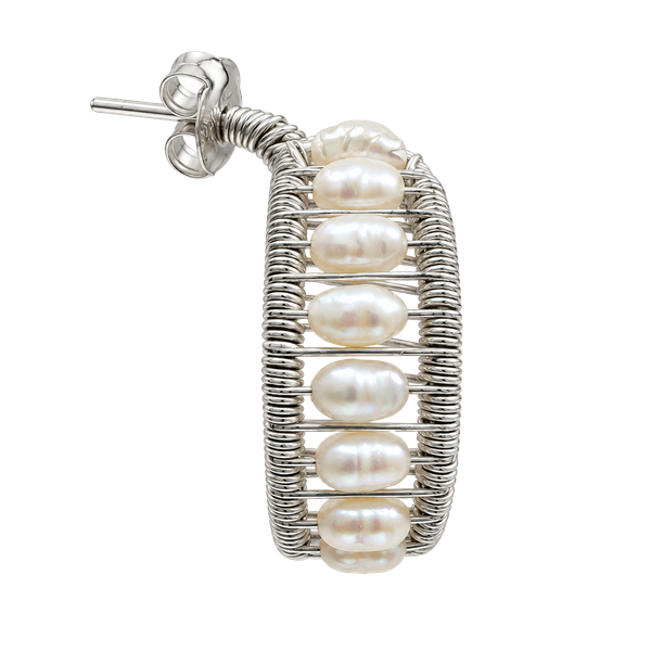 Sterling Silver Modernist Biwa Pearl Wire Wrapped Clip Earrings