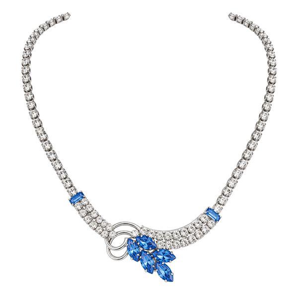 Vintage Silver Tone Blue and Clear Rhinestone Choker Necklace
