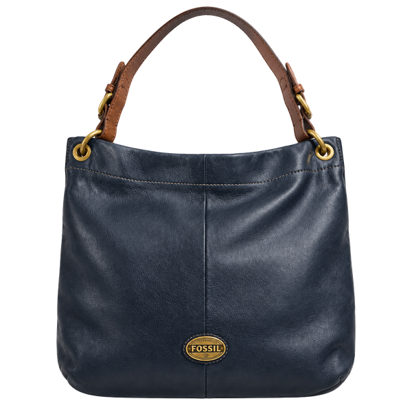 Fossil Explorer Black Leather Hobo Shoulder Bag Brass Hardware