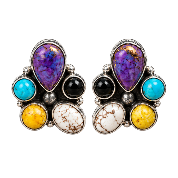 Vintage Southwestern Sterling Silver Multi-Stone Stud Earrings