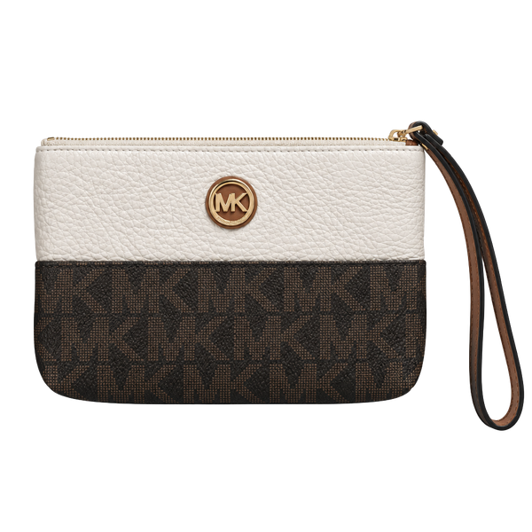 Michael Kors Signature Logo Brown White Leather Wristlet Clutch
