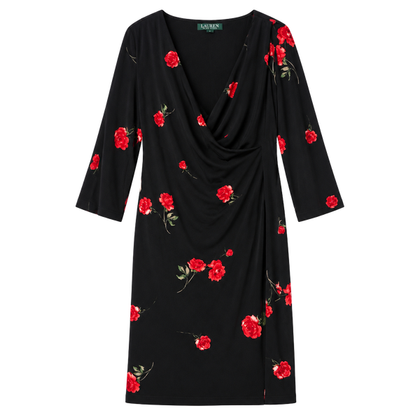 Lauren Ralph Lauren Black Red Rose Floral Wrap Dress Bell Sleeve NWT Size 6