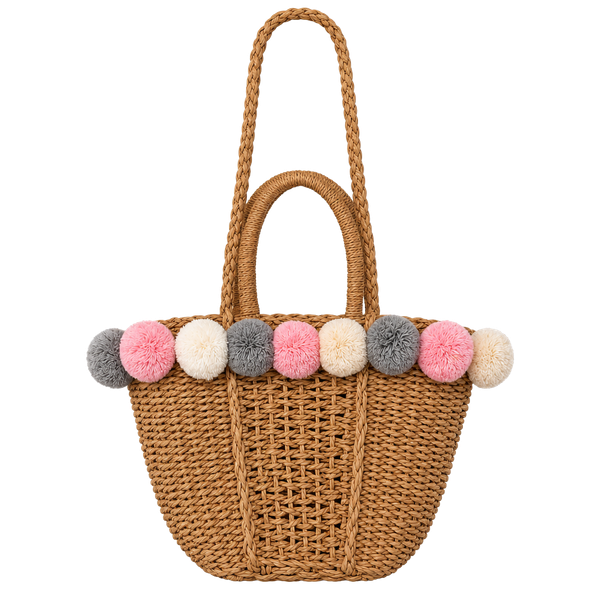 Pom Pom Straw Woven Tote Bag Pink Gingham Boho Coastal Shoulder Crossbody