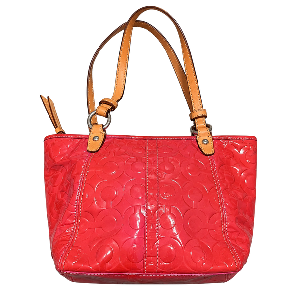 Coach Peyton Signature Embossed Patent Leather Tote Handbag Pink