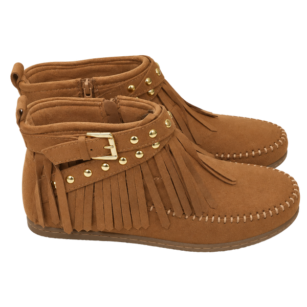 Soda Dahlia Fringe Wedge Ankle Booties Tan Faux Suede