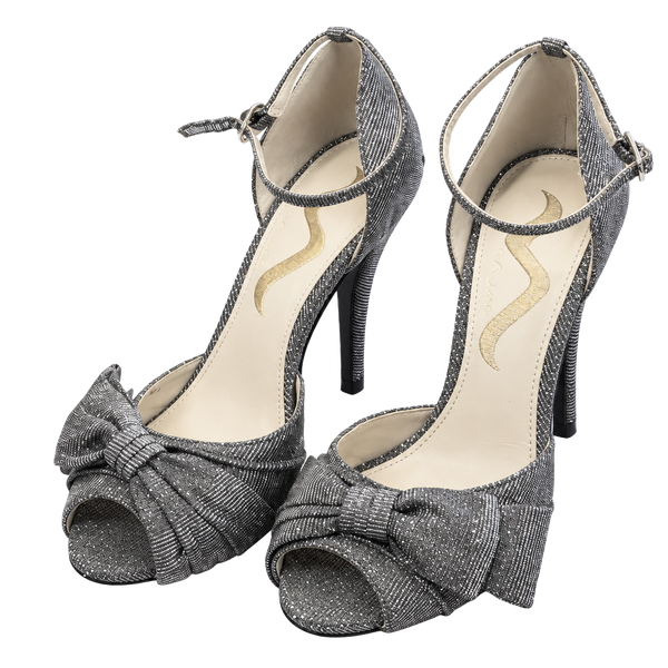Nina Freedom Platform Heels Silver Glitter Ankle Strap Bow Open Toe