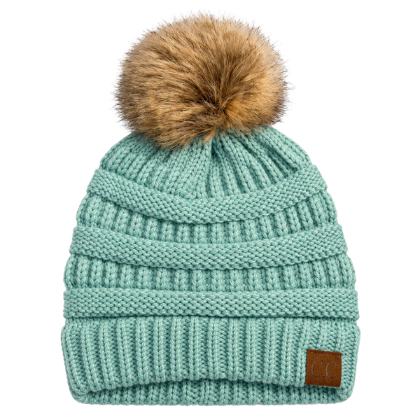 C.C Exclusives Faux Fur Pom Pom Cable Knit Beanie Mint