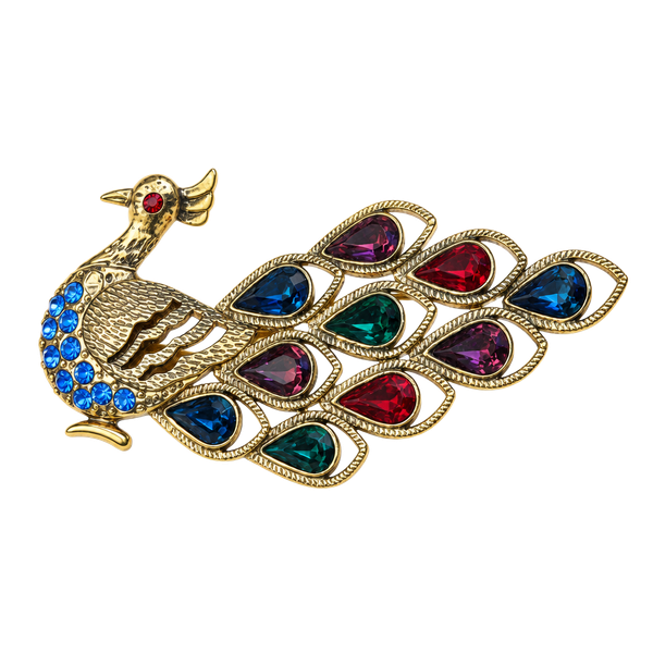 Vintage Gold Tone Multi Color Teardrop Rhinestone Peacock Brooch Pin