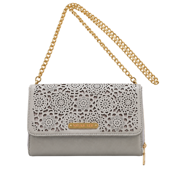 Nicole Lee Crossbody Wallet Gray Perforated Floral Design
