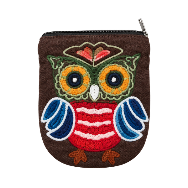 Embroidered Owl Coin Purse Brown Zip Pouch