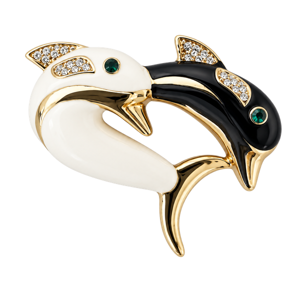 Vintage Black and White Enamel Dolphin Brooch Pin with Rhinestones