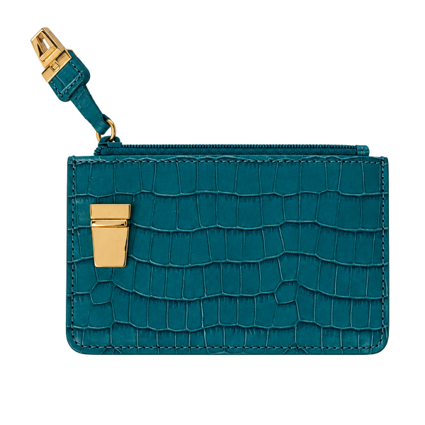 Etienne Aigner Teal Croc Embossed Leather Card Case Wallet