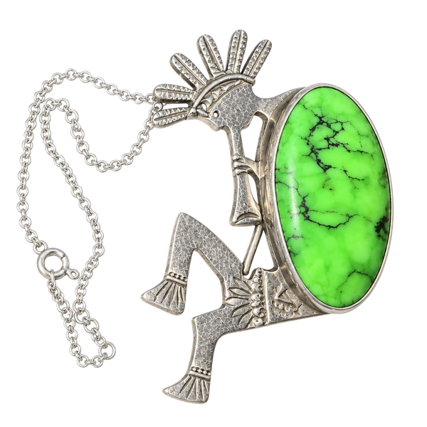 E.G. Bighand Sterling Silver Kokopelli PendantRARE Large Green Turquoise Stone. 