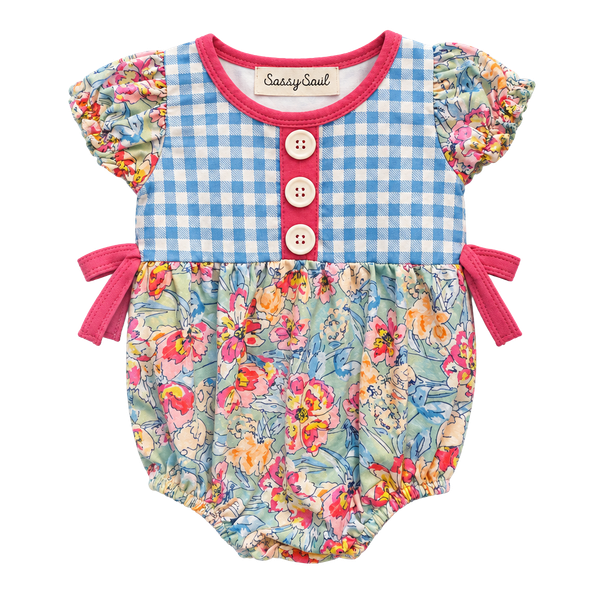 Sassy Saul Blue Gingham Floral Bubble Romper