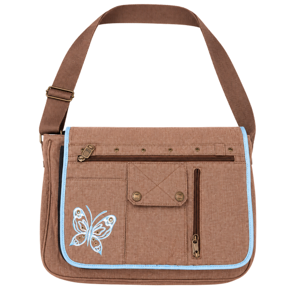 Y2K Mudd Brown Denim Crossbody Messenger Bag with Butterfly Embroidery