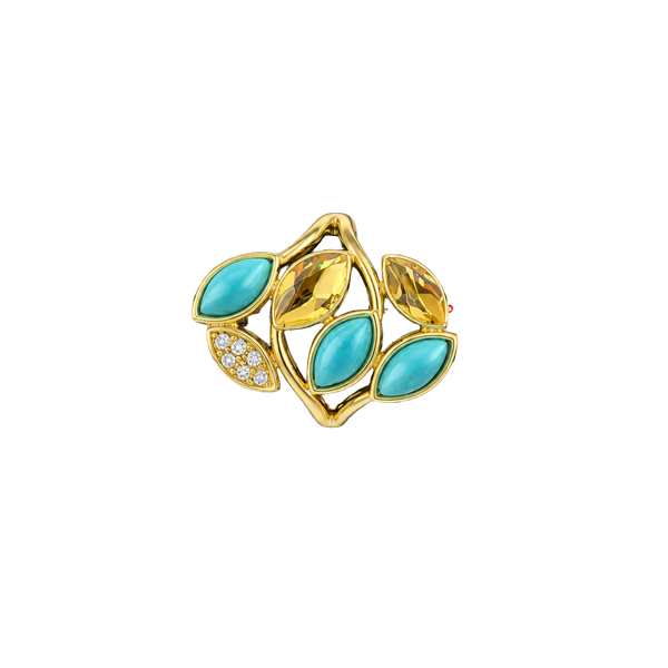 Gold Tone Turquoise Leaf Cluster Statement Ring Size 9
