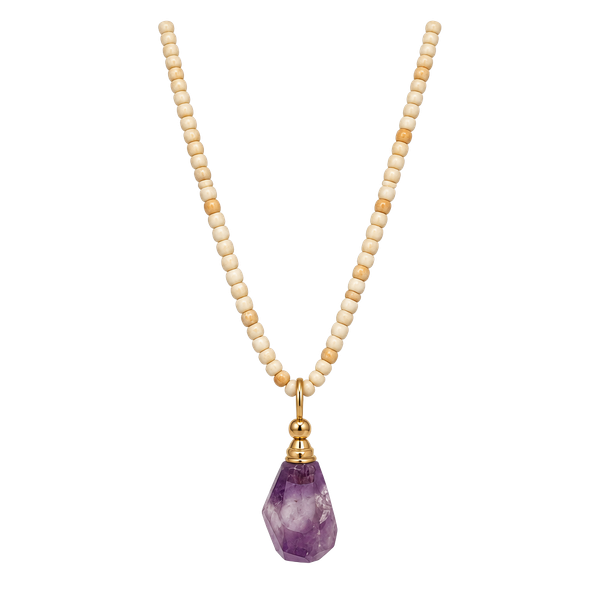 Vintage Bone Bead Necklace Amethyst Gold Pendant