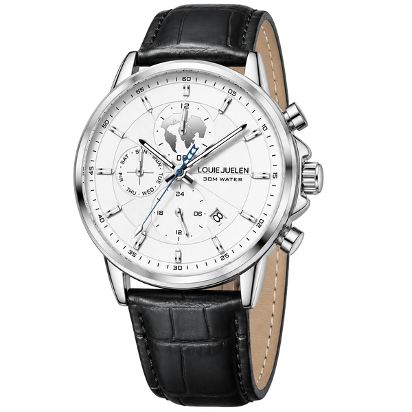 Louie Juelen Mens Automatic Watch White Dial Leather Strap 21 Jewels 30M Water