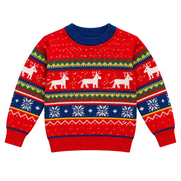 Vintage Kids Christmas Sweater Size 5-6 Red Reindeer Fair Isle Knit Pullover