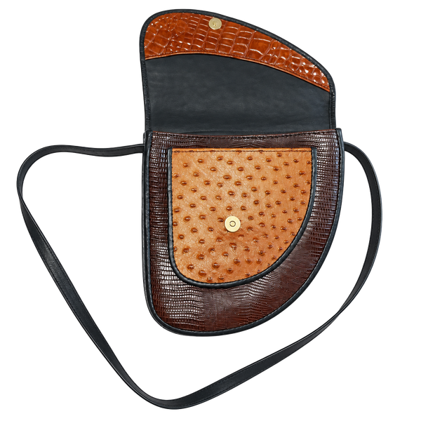 Vintage Mixed Media Leather Crossbody Bag Half-Moon Brown