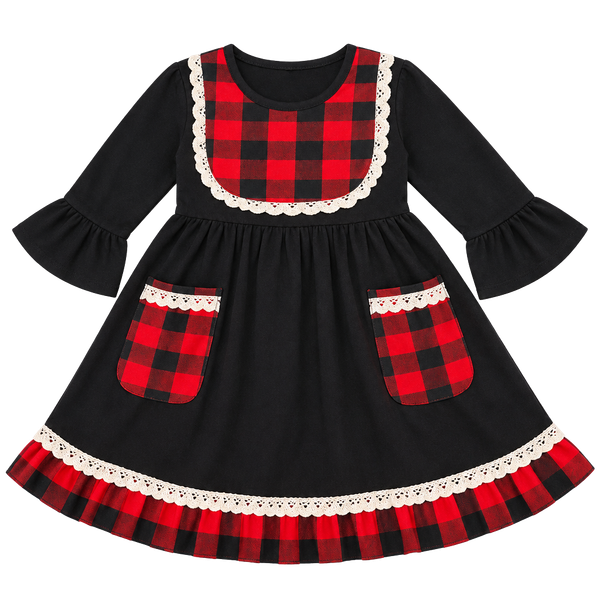 Unbranded Buffalo Plaid Long Sleeve Dress Size 6/7 Black Red Lace Trim