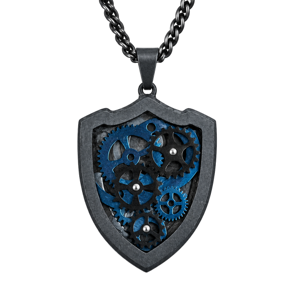 Steampunk Shield Gear Pendant Necklace Black Stainless Steel