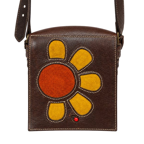 ViTG  Brown Tooled Leather Crossbody Bag wi:/suede Sunflower Patchwork Design