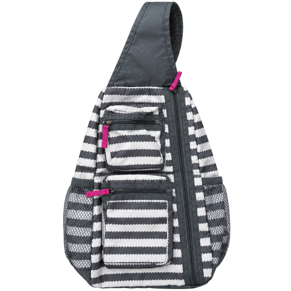 Thirty-One Sling Bag Crossbody Gray White Chevron Patterned