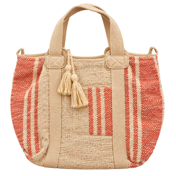 Handwoven Red & Cream Cotton Tote Bag Tassel Large Shoulder Bag Made in India