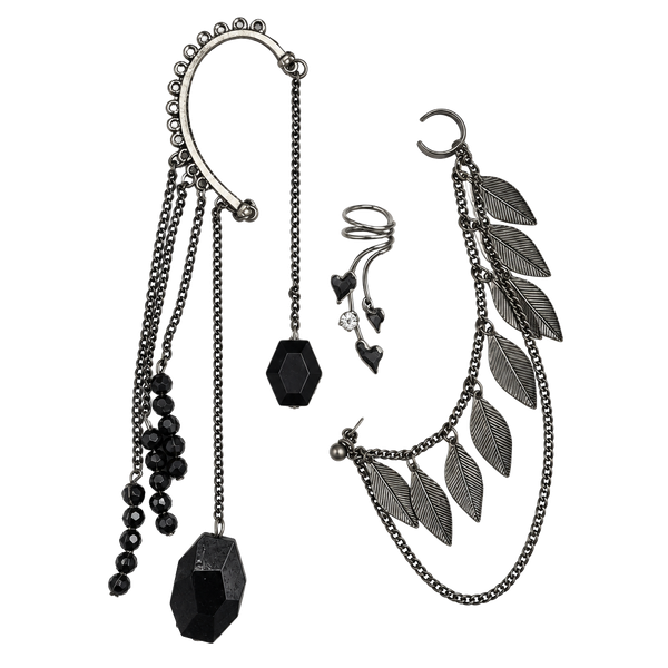 Gothic Ear Cuff Set Black Silver Chain Leaf Dangle