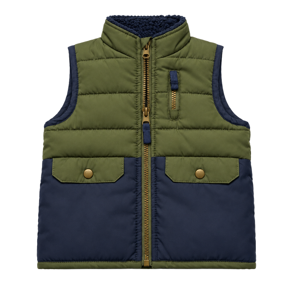 Little Lad Puffer Vest Size 3T Green Navy Sherpa Lined Zip Up