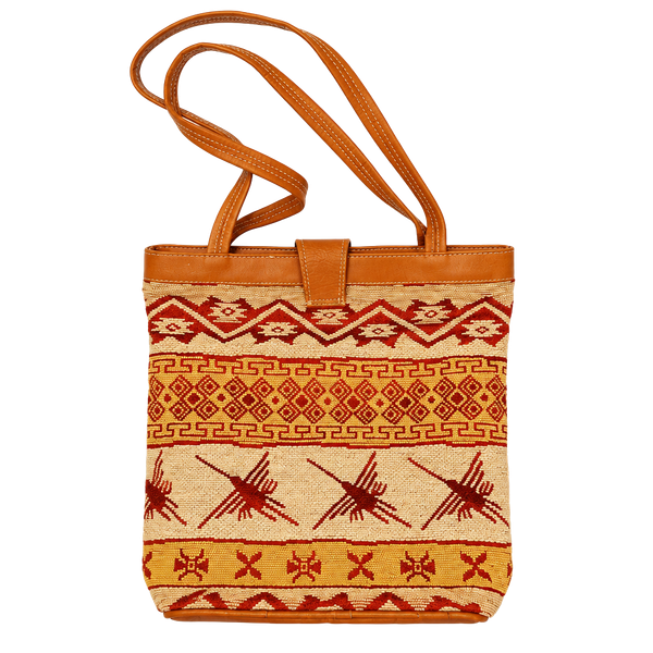 Vintage 1970s Woven Tapestry Boho Hippie Tote Bag Leather Trim
