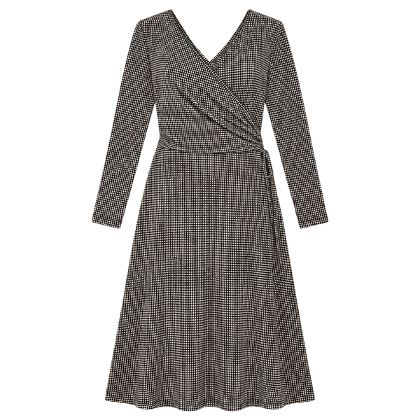 Classic Petite Sophisticate Black/White Gingham Long sleeve Adjustable Dress S
